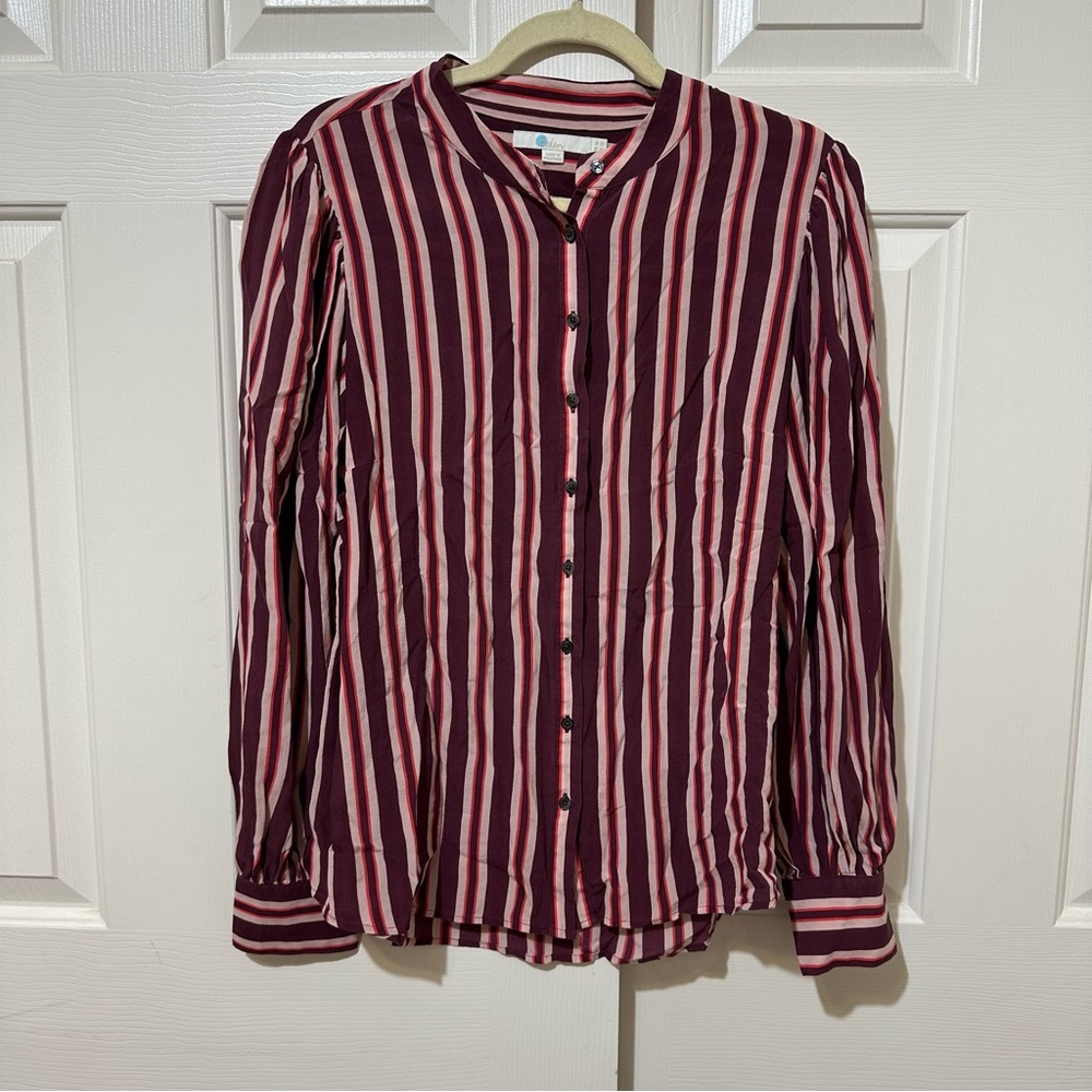Boden 100% Silk Candy Striped Blouse Long Sleeve Size 12 Button Front EUC